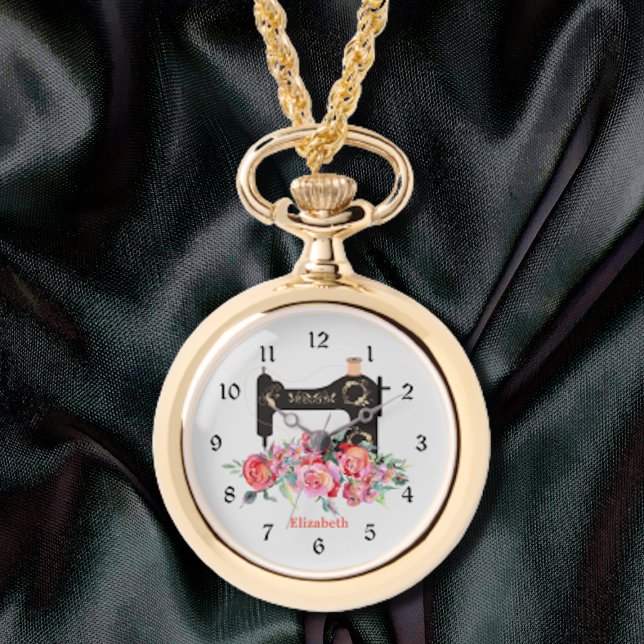 Rosa Blommigt Sewing Maskin Necklace Watch Armbandsur (Skapare uppladdad)