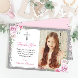 Rosa Blommigt Silver Första Heligan Communion Foto Tack Kort