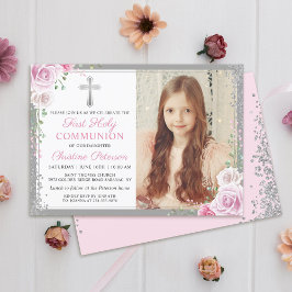 Rosa Blommigt Silver Girl First Heliga Communion P Inbjudningar