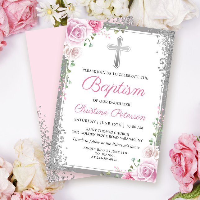 Rosa Blommigt Silver Glitter Flickor Baptism-inbju Inbjudningar (Skapare uppladdad)