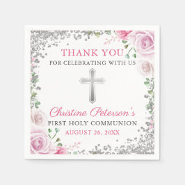 Rosa Blommigt Silver Glitter Kommunision för först Pappersservett