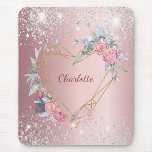 rosa blommigt silver glitter monogram elegant musmatta