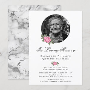 Rosa Blommigt Silver Marble Photo Memorial Service Inbjudningar
