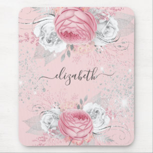 Rosa blommigt silver monogram-skript musmatta