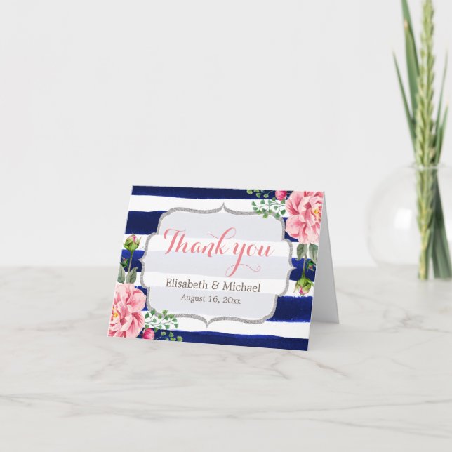 Rosa Blommigt Silver Navy Rand Tack Kort (Framsida)