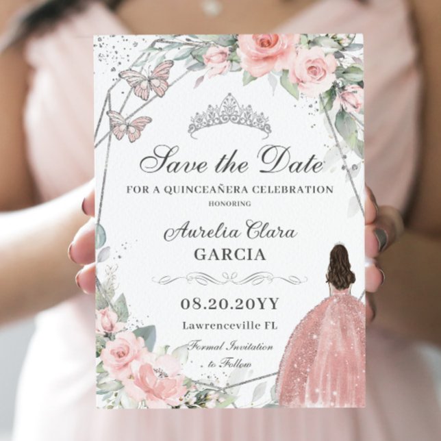  Rosa Blommigt Silver Quinceanera Sweet sixteen Spara Datumet (Skapare uppladdad)