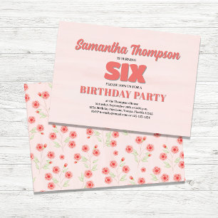 Rosa Blommigt Sjätte Partyet Birthday Girl Inbjudningar