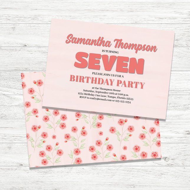 Rosa Blommigt Sjunde födelsedagskalan Party-mall Inbjudningar (Seventh Birthday Girl Custom Invitations.)