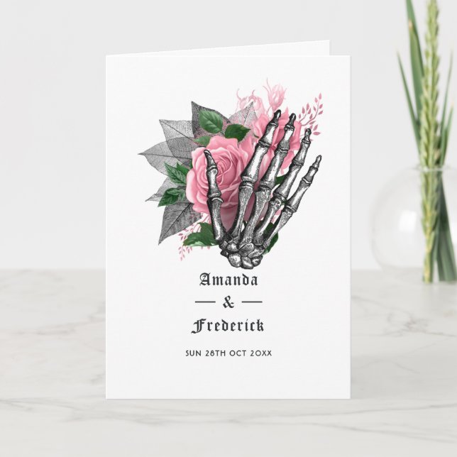 Rosa Blommigt Skeleton Gothic Bröllopsprogram Program (Framsida)