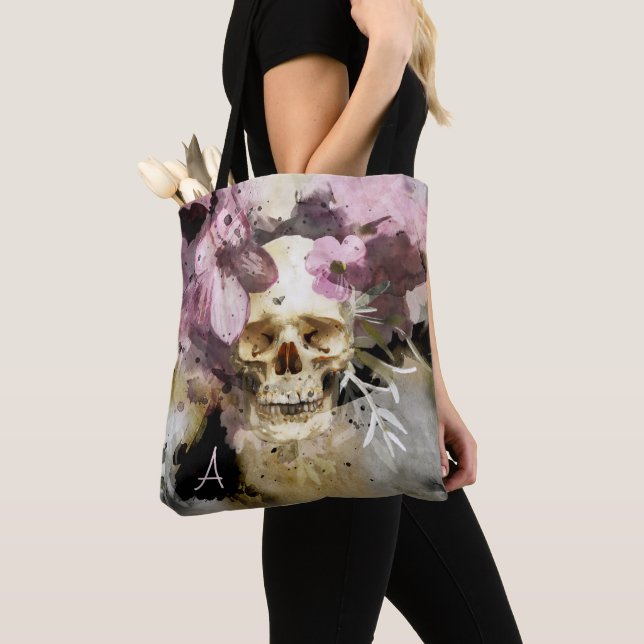 Rosa Blommigt Skull Abstrakt Art med Monogram Tygkasse (Närbild)