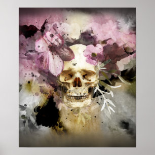 Rosa Blommigt Skull-Abstrakt Poster