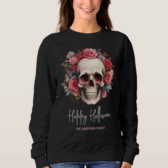 Rosa Blommigt Skull Halloween T Shirt (Framsida)