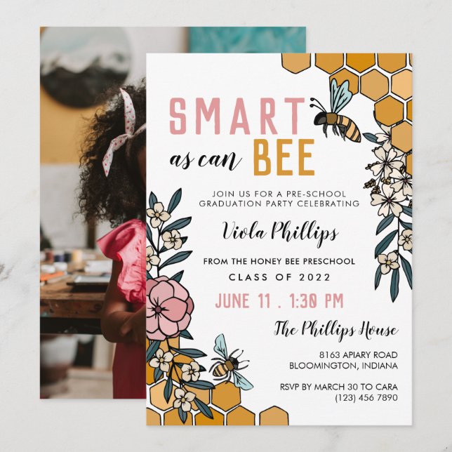 Rosa Blommigt smart som kan vara Preschool Student Inbjudningar (Fram/baksida)