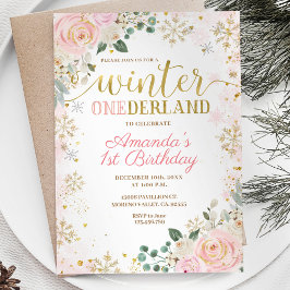 Rosa Blommigt Snöflingor Winter Onederland Födelse Inbjudningar
