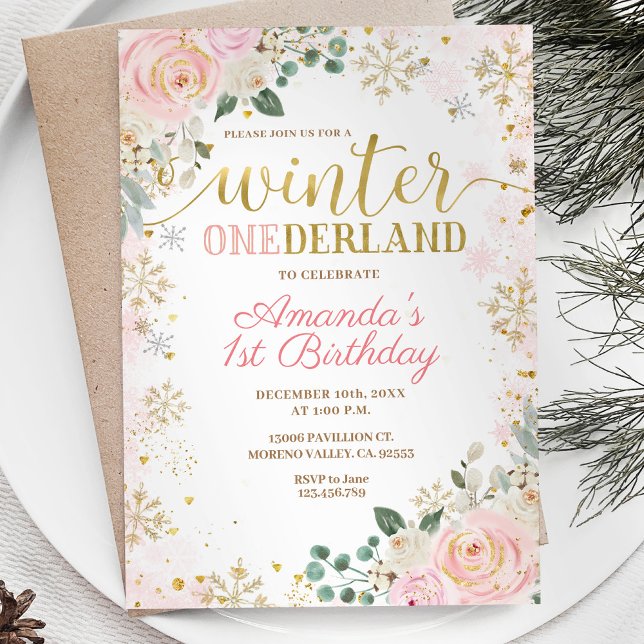 Rosa Blommigt Snöflingor Winter Onederland Födelse Inbjudningar (Skapare uppladdad)