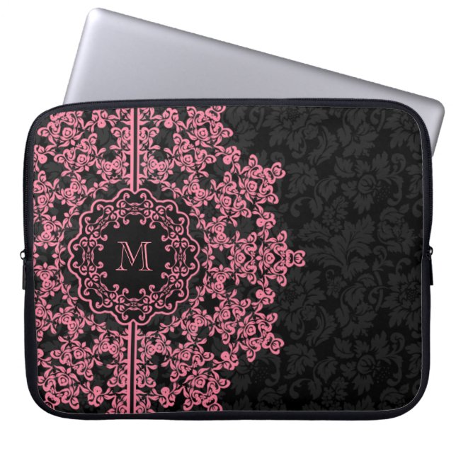 Rosa Blommigt Snöre Black Damasker Monogram Laptop Fodral (Framsidan)