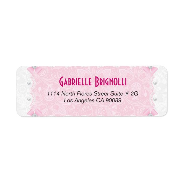Rosa Blommigt Snöre och vita pärlor Returadress Etikett (Framsidan)