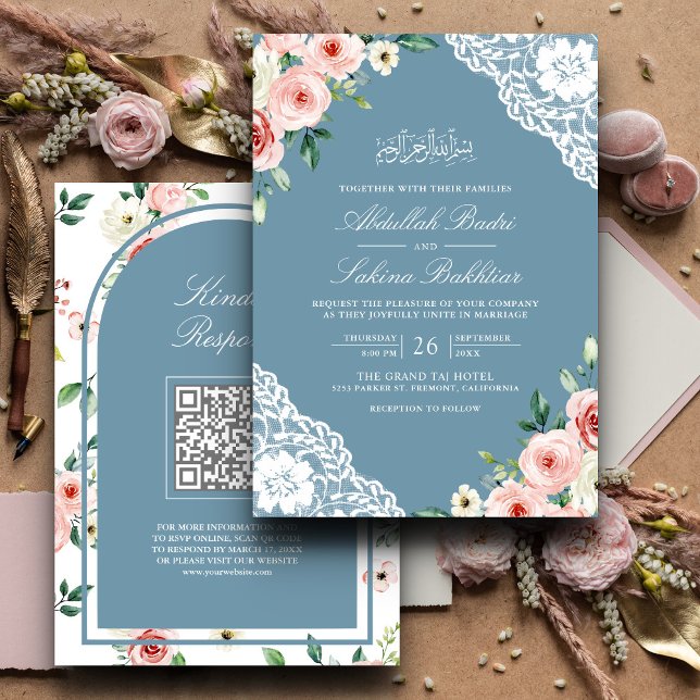 Rosa Blommigt Soft Blue Snöre QR Kod Muslim Bröllo Inbjudningar (Skapare uppladdad)