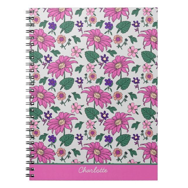 Rosa blommigt, sömlös mönster personlig namn anteckningsbok (Framsidan)