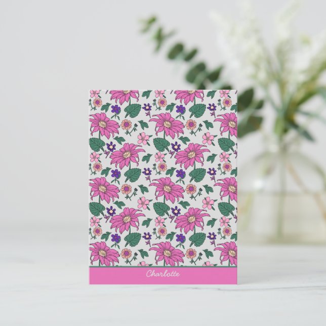 Rosa blommigt, sömlös mönster personlig namn vykort (Stående Fram)