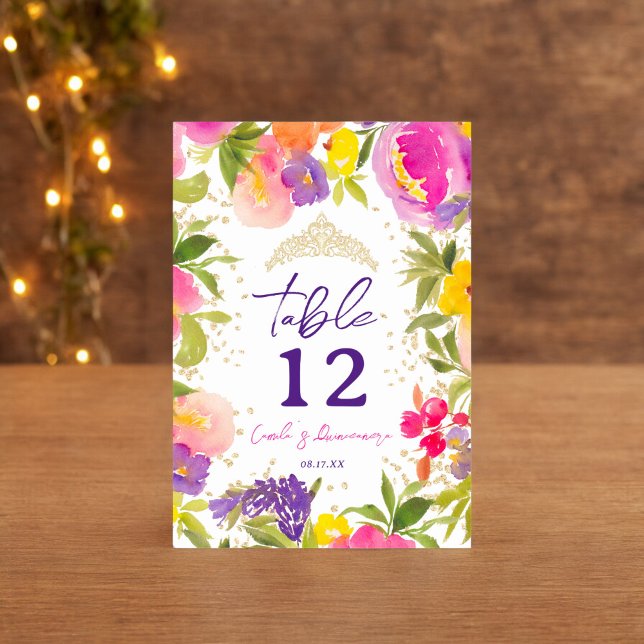 Rosa blommigt sommarens vattenfärg guld Quinceaner Bordsnummer (Pink summer floral watercolor gold Quinceanera Table Number)