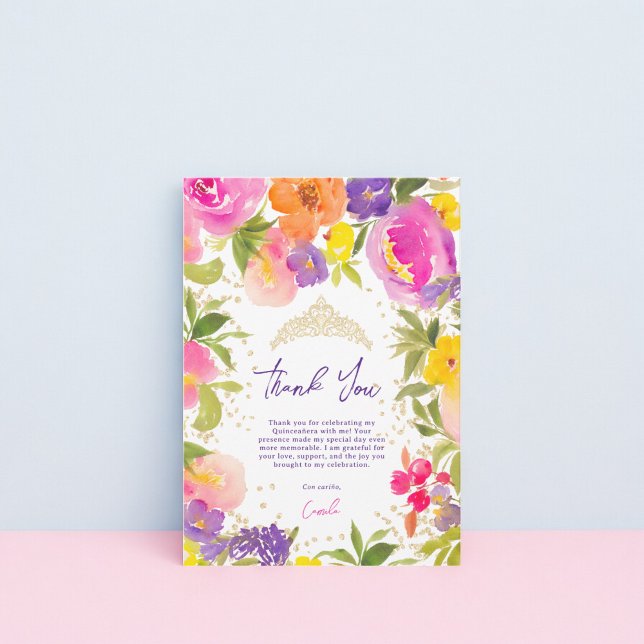 Rosa blommigt sommarens vattenfärg guld Quinceaner Tack Kort (Pink summer floral watercolor gold Quinceanera Thank You Card)