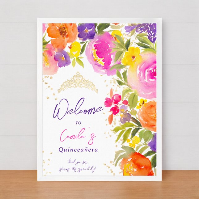 Rosa blommigt sommarvattenfärg Quinceanera välkomm Poster (Pink summer floral watercolor Quinceanera welcome Poster)