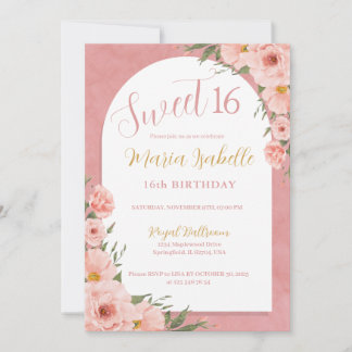 Rosa Blommigt Söt 16 Födelsedagsinbjudan Inbjudningar