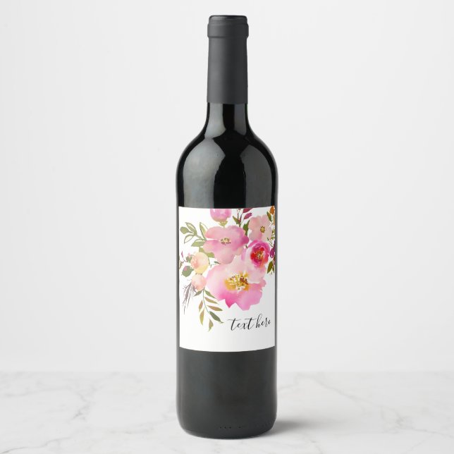 rosa blommigt, söt, romsk vattenfärgsblomma. vinflaska etikett (Framsida)