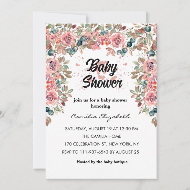 Rosa Blommigt Söt Vattenfärgsblommor Baby Shower Inbjudningar (Framsida)