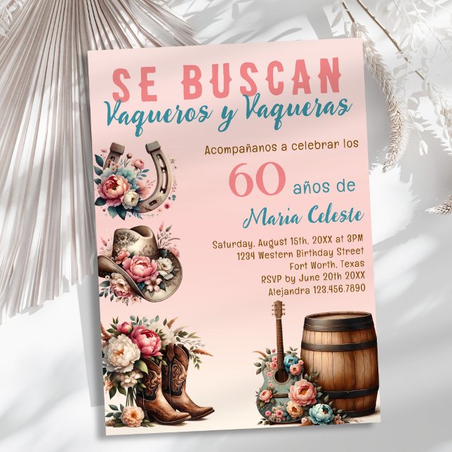 Rosa Blommigt Spansk Western Cowboy 60:e födelseda Inbjudningar (Skapare uppladdad)