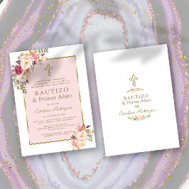  Rosa Blommigt Spanska 1:a födelsedag och baptism Inbjudningar