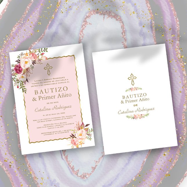  Rosa Blommigt Spanska 1:a födelsedag och baptism Inbjudningar (spanish baptism and birthday invitation, trendy baptism 1st birthday, elegant pink floral baptism)