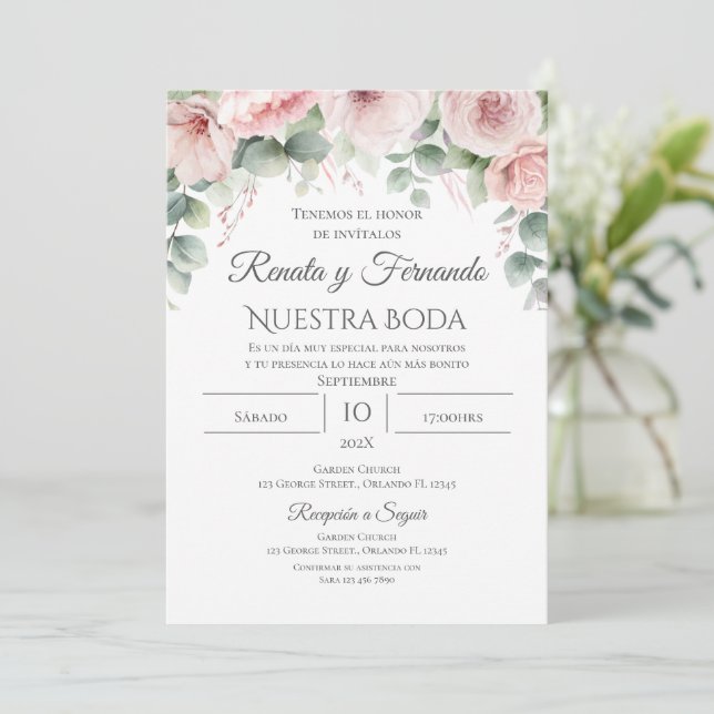 Rosa Blommigt Spanska bröllopsinbjudan Inbjudningar (Stående Fram)