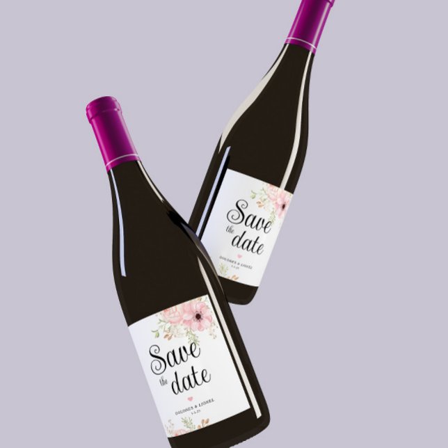 Rosa Blommigt Spara datum Vin-etikett Vinflaska Etikett (Skapare uppladdad)