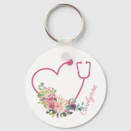 Rosa Blommigt Stethoscope Heart Caregiver Nurse Nyckelring