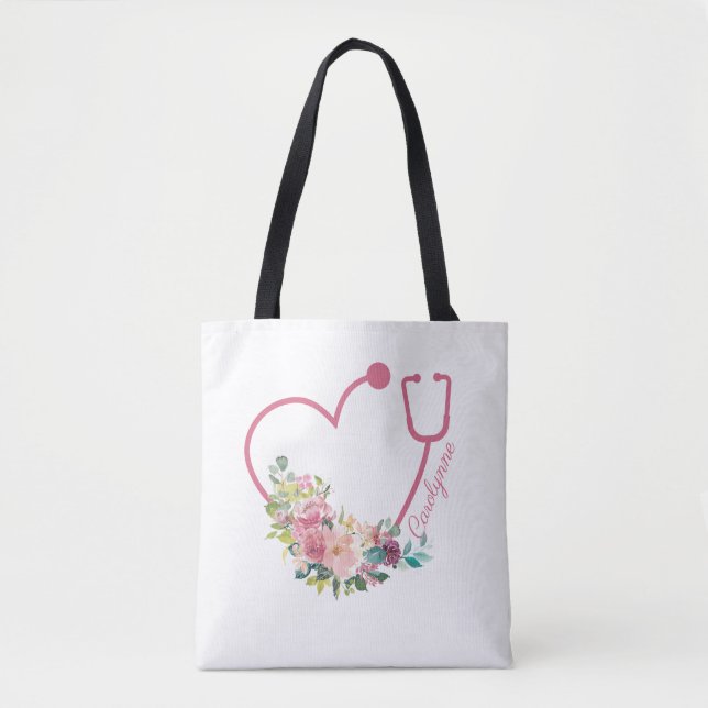Rosa Blommigt Stethoscope Heart Caregiver Tygkasse (Framsida)