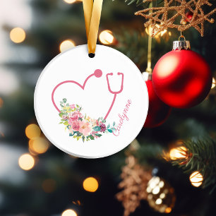 Rosa Blommigt Stethoscope Heart Nurse Caregiver Julgransprydnad Keramik