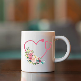 Rosa Blommigt Stethoscope Hjärtsjuksköterska Dokto Kaffemugg