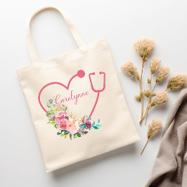 Rosa Blommigt Stetoscope Hjärtat Sjuksköterska Dok Tygkasse