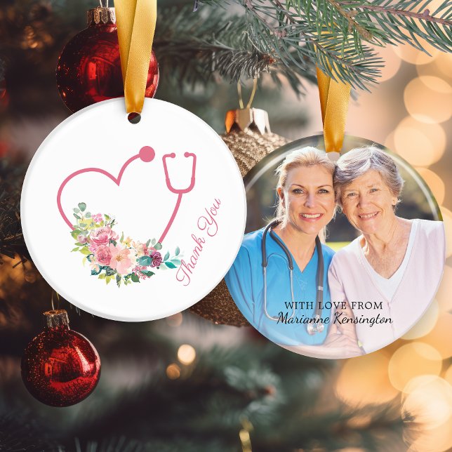 Rosa Blommigt Stetoscope Hjärtsjuksköterska Tack F Julgransprydnad Keramik (Pink Floral Stethoscope Heart Nurse Thank You Photo Ceramic Ornament)