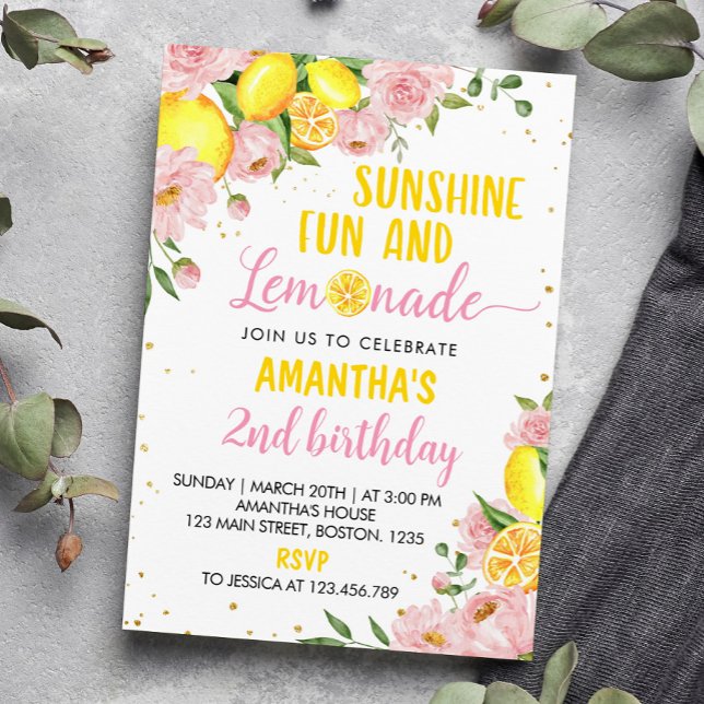Rosa Blommigt Sunshine Lemonade Birthday-inbjudan Inbjudningar (Skapare uppladdad)