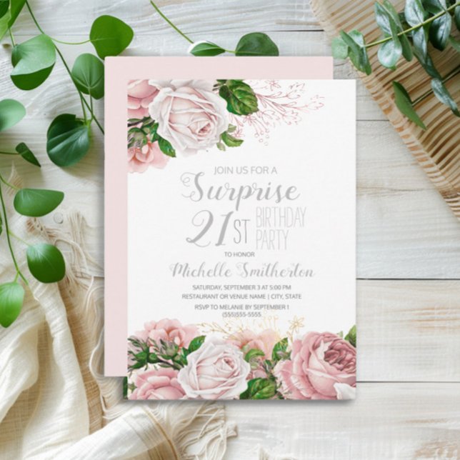  Rosa Blommigt Surprise 21:a födelsedag Inbjudningar (Elegant pink vintage watercolor flowers surprise 21st birthday party invitation)