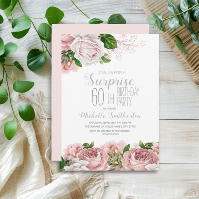  Rosa Blommigt Surprise 60:e födelsedagen Inbjudningar (Blush pink vintage floral surpirse 60th birthday party invitation
)