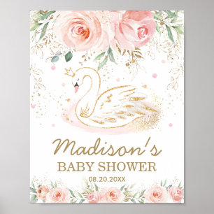 Rosa Blommigt Svan Baby Shower 1:a födelsedag Välk Poster