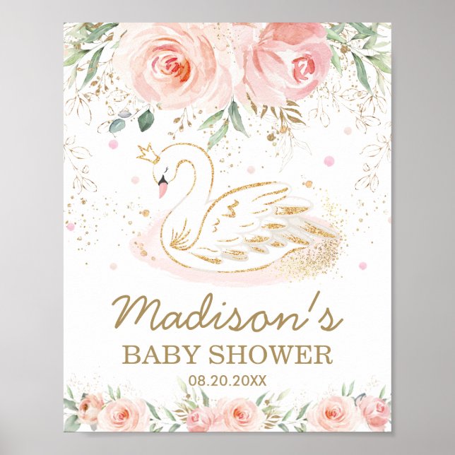 Rosa Blommigt Svan Baby Shower 1:a födelsedag Välk Poster (Framsidan)