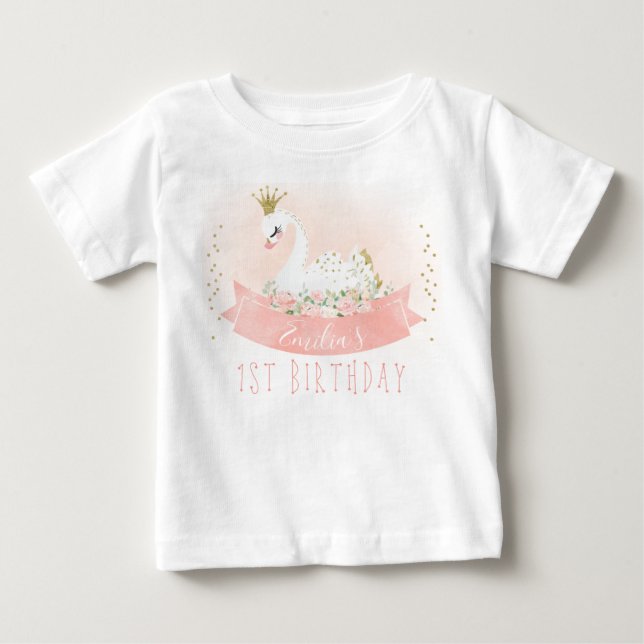 Rosa Blommigt Svan Princess 1a Birthday T-Shirt (Framsida)