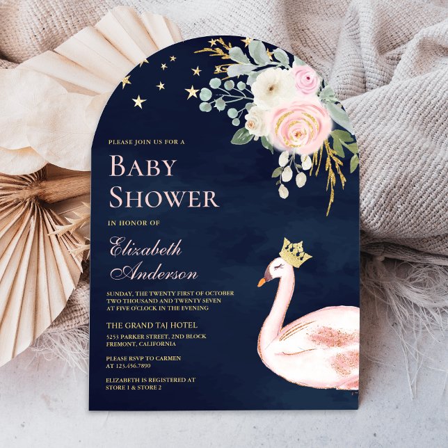 Rosa Blommigt Svan Princess Arch Navy Baby Shower Inbjudningar (Skapare uppladdad)