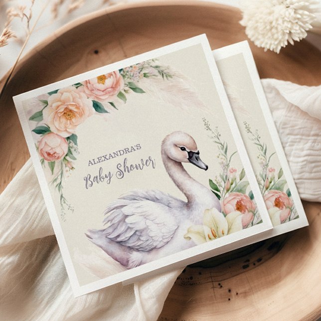  Rosa Blommigt Svan Princess Baby Shower Pappersservett (Skapare uppladdad)