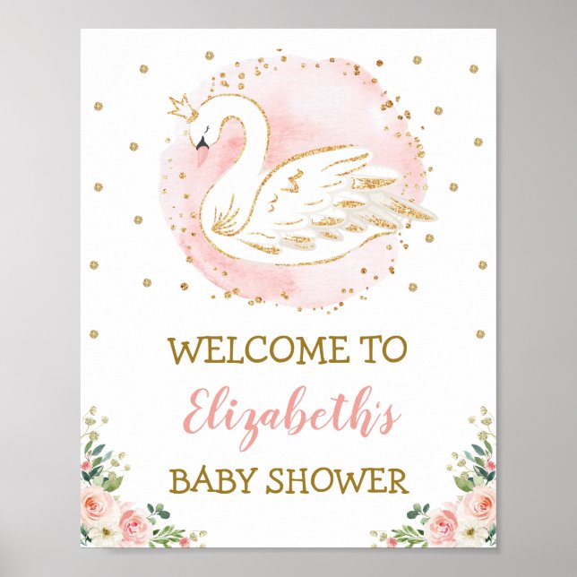 Rosa Blommigt Svan Princess Girl Girl Baby Shower  Poster (Framsidan)